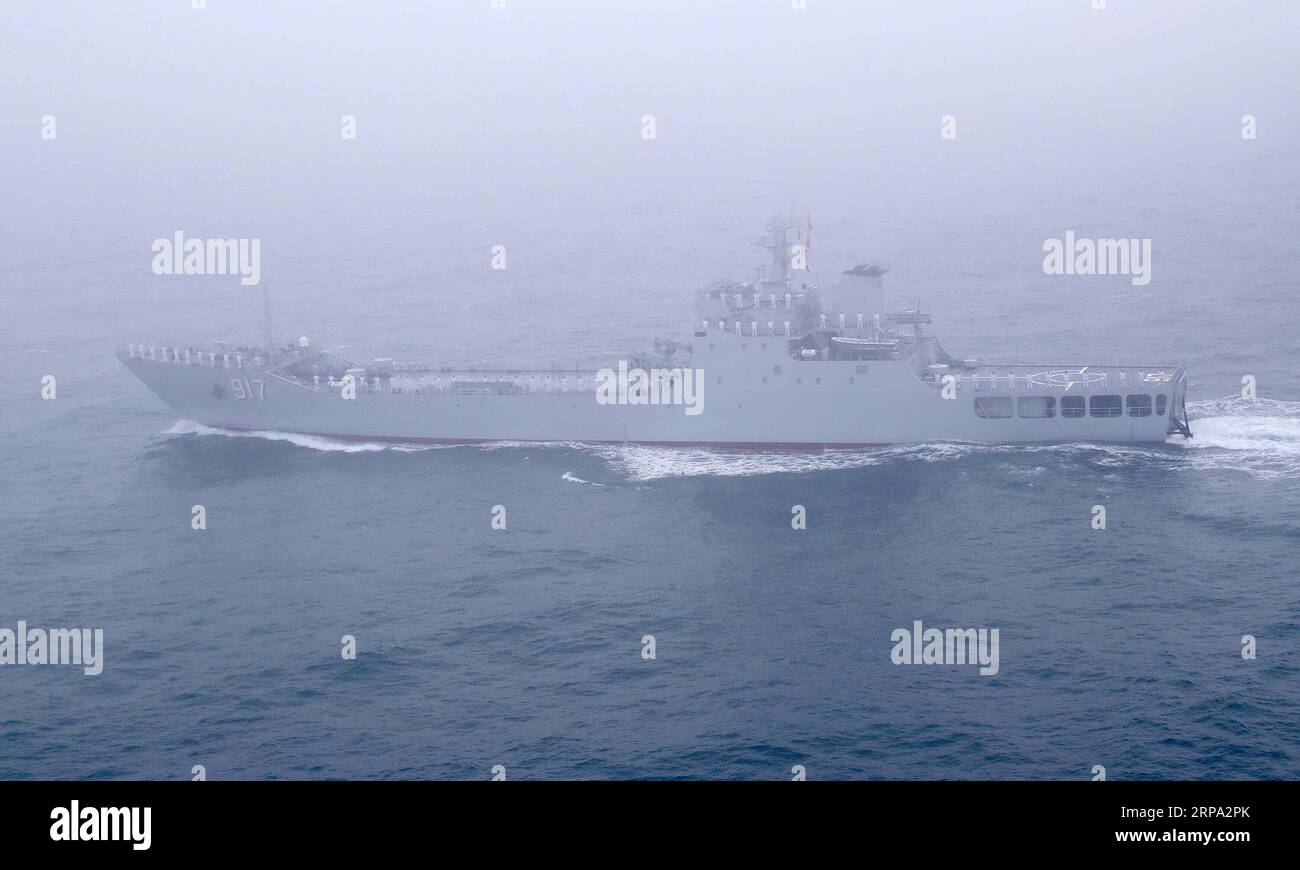 (190423) -- QINGDAO, April 23, 2019 -- Aerial photo taken on April 23, 2019 shows the landing ship Wutaishan of the Chinese People s Liberation Army (PLA) Navy on the sea off Qingdao, east China s Shandong Province. A naval parade was staged here to mark the 70th founding anniversary of the PLA Navy on Tuesday. ) CHINA-QINGDAO-PLA NAVY-70TH ANNIVERSARY-PARADE (CN) JuxZhenhua PUBLICATIONxNOTxINxCHN Stock Photo