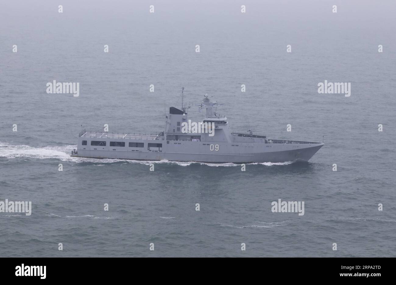 (190423) -- QINGDAO, April 23, 2019 -- Aerial photo taken on April 23, 2019 shows Royal Brunei Navy offshore patrol ship KDB Daruttaqwa in the waters off Qingdao, east China s Shandong Province. The vessel was here for a naval parade staged to mark the 70th founding anniversary of the Chinese People s Liberation Army (PLA) Navy on Tuesday. ) CHINA-QINGDAO-PLA NAVY-70TH ANNIVERSARY-PARADE (CN) JuxZhenhua PUBLICATIONxNOTxINxCHN Stock Photo