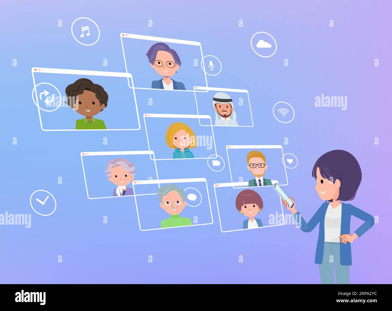 A set of Public relations women communicating online using a smartphone.It's vector art so easy to edit. Stock Vector