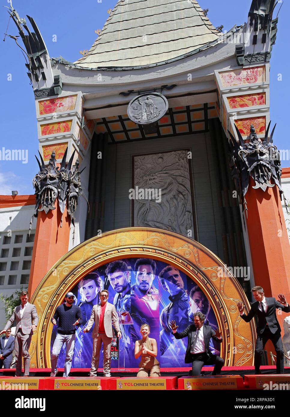 (190424) -- LOS ANGELES, April 24, 2019 (Xinhua) -- Actors Chris Hemsworth, Chris Evans, Robert Downey Jr., actress Scarlett Johansson, actors Mark Ruffalo, Jeremy Renner (From L to R) attend their print ceremony in the forecourt of the TCL Chinese Theater in Los Angeles, the United States, April 23, 2019. The cast of Marvel Studios Avengers: Endgame including Robert Downey Jr., Chris Evans, Mark Ruffalo, Chris Hemsworth, Scarlett Johansson, and Jeremy Renner, along with Marvel Studios President Kevin Feige, received one of Hollywood s oldest accolades this Tuesday, to sign their names and put Stock Photo