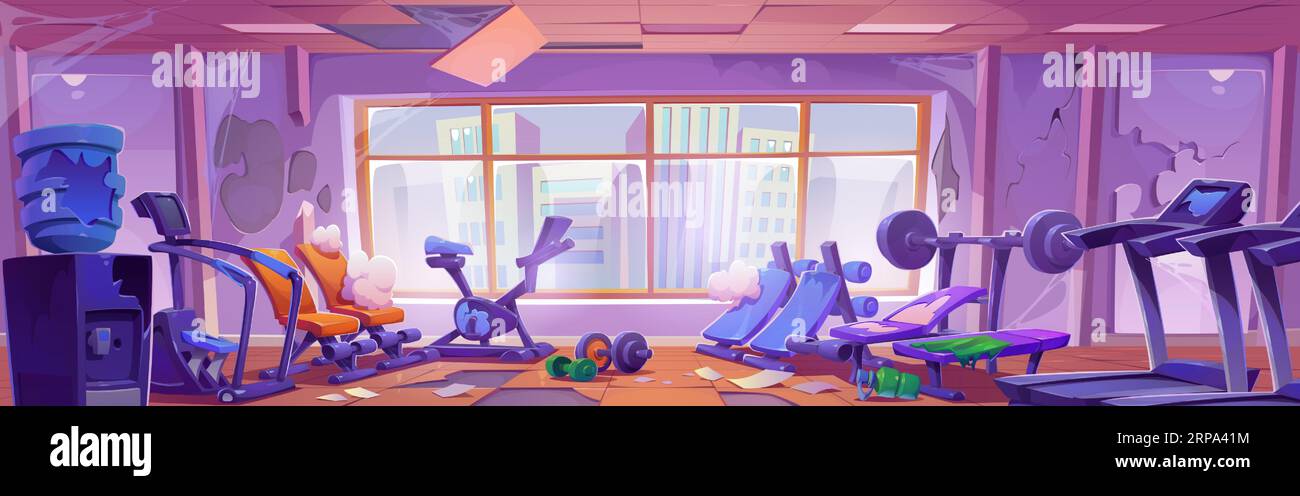 Broken and abandoned gym with smashed cardio and weight training equipment, scattered garbage and cobwebs. Cartoon vector destroyed and closed sports club with holes in walls and ceiling. Stock Vector