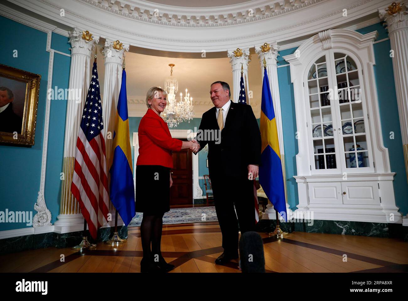 (190429) -- WASHINGTON, April 29, 2019 -- U.S. Secretary of State Mike Pompeo (R) meets with Swedish Foreign Minister Margot Wallstrom at the Department of State in Washington D.C., the United States, on April 29, 2019. ) U.S.-WASHINGTON D.C.-POMPEO-SWEDEN-FM-MEETING TingxShen PUBLICATIONxNOTxINxCHN Stock Photo