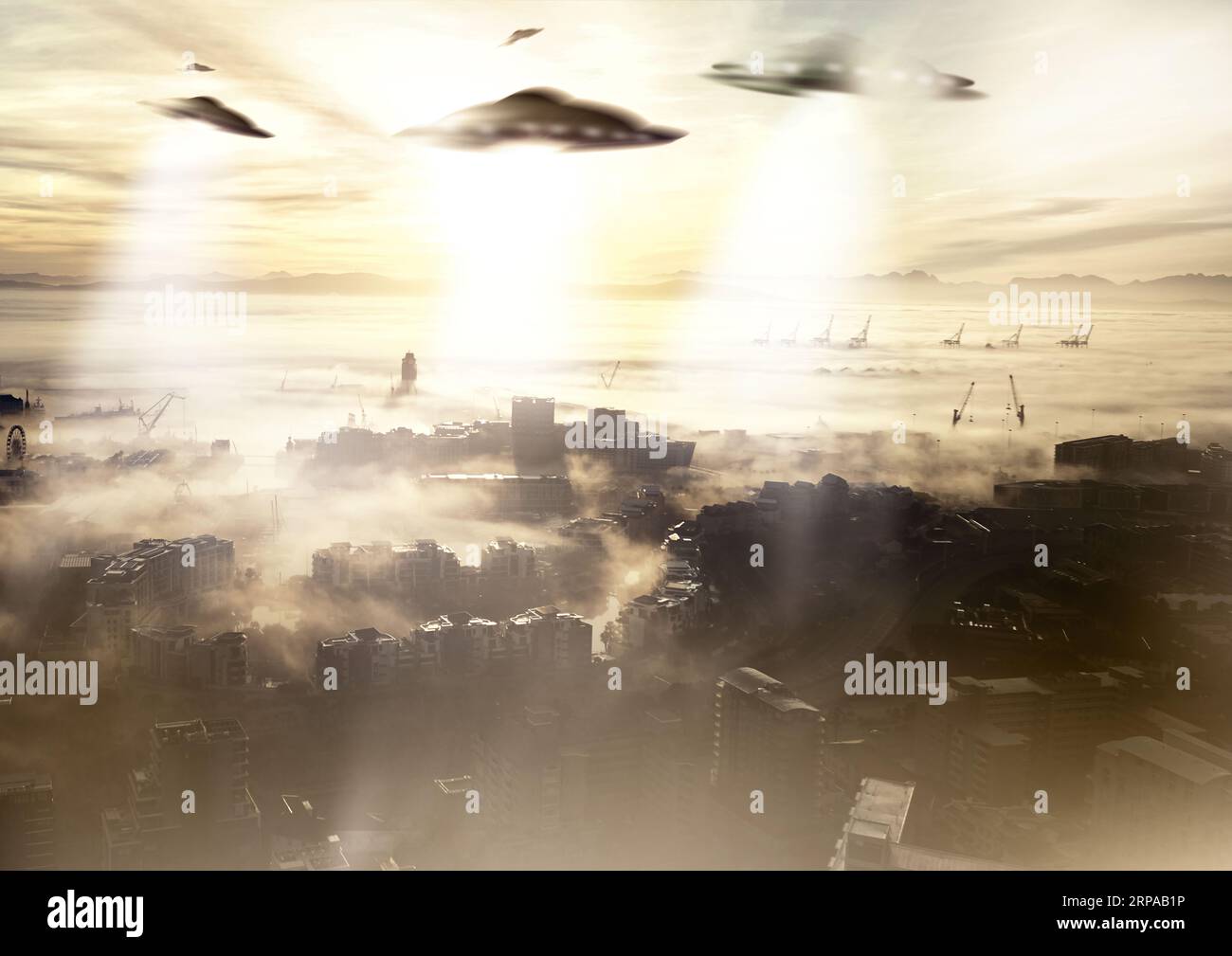 City, ufo and invasion with light beam, contact or spaceship with mystery, futuristic or transport for outer space. Aliens, future or beings with glow Stock Photo