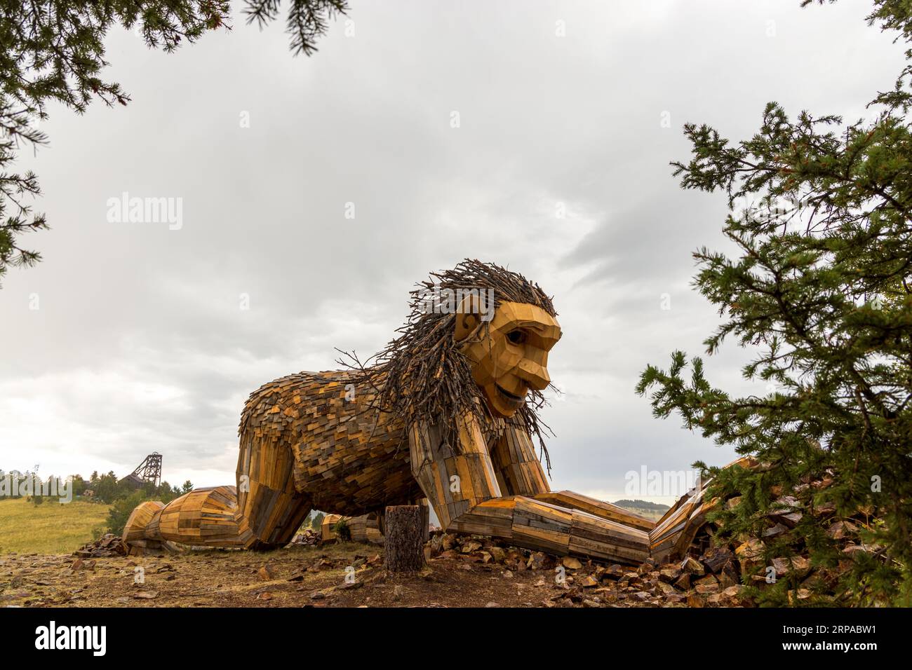 Victor, Colorado - August 27, 2023: Thomas Dambo's 'Rita, the Rock Planter' sculpture unveiled on the Little Grouse Mountain Overlook near Victor, Col Stock Photo