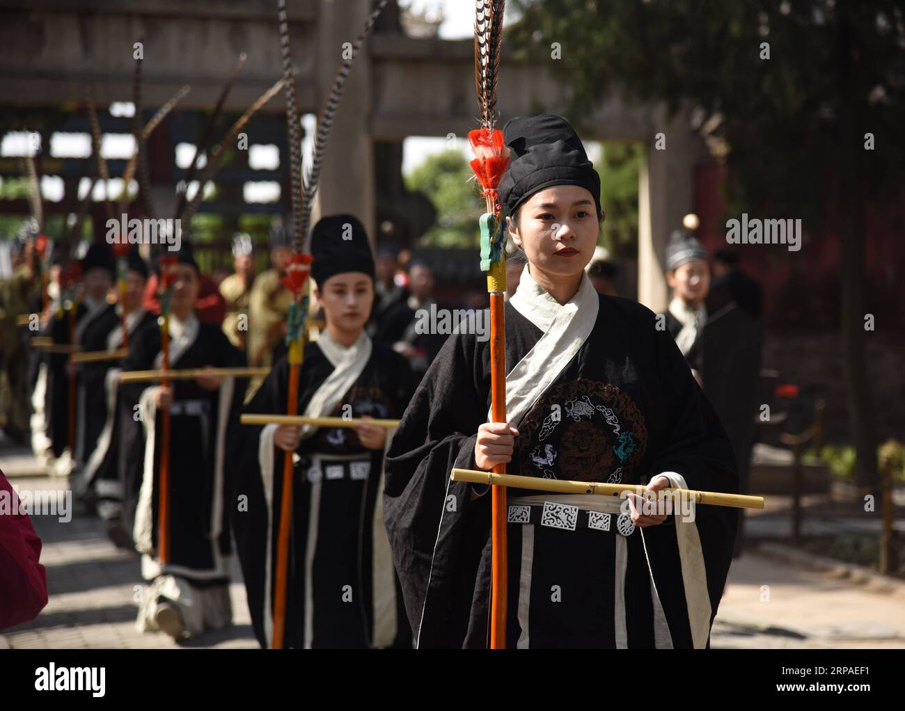 (190506) -- ZOUCHENG, May 6, 2019 (Xinhua) -- People perform during a commemoration ceremony of ancient China s philosopher Mencius and Mencius mother in Zoucheng City, east China s Shandong Province, May 6, 2019. Mencius (372-289 BC), or Meng Zi, was a pupil of Confucius grandson, and traveled his life teaching Confucianism. (Xinhua/Wang Kai) CHINA-SHANDONG-ZOUCHENG-MENCIUS-COMMEMORATION (CN) PUBLICATIONxNOTxINxCHN Stock Photo