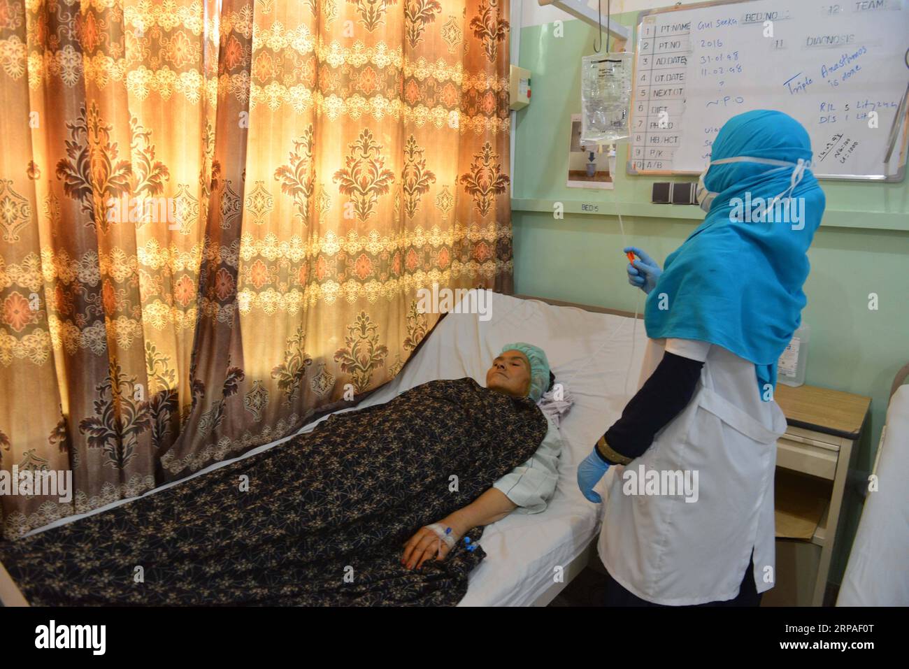 (190507) -- KANDAHAR, May 7, 2019 -- An Afghan woman receives medical treatment at the Mirwais Regional Hospital in Kandahar, Afghanistan, May 4, 2019. The Mirwais Regional Hospital, locally known as the Chinese Hospital , was built by China in 1974 and put into operation in 1979 on 44 acres of land in Kandahar, the largest city in the southern region as a gift to the Afghan people. The hospital is the largest health center in Afghanistan s southern region and provides almost all kinds of services to patients ranging from diagnosis of diseases to surgery of war victims, childcare and maternity Stock Photo