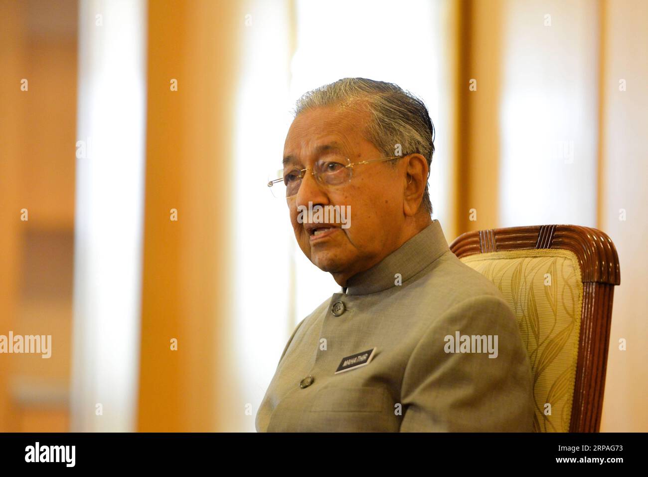 (190509) -- PUTRAJAYA, May 9, 2019 (Xinhua) -- Malaysian Prime Minister Mahathir Mohamad attends a press conference to mark the first year since his Pakatan Harapan (PH) coalition won power at the national polls on May 9 last year, in Putrajaya, Malaysia, May 9, 2019. Malaysia has achieved progress in combating corruption and in restoring government institutions after taking over the government in a smooth transition but much remains to be done especially in repairing the national economy, Malaysian Prime Minister Mahathir Mohamad said on Thursday. (Xinhua/Chong Voon Chung) MALAYSIA-PUTRAJAYA- Stock Photo