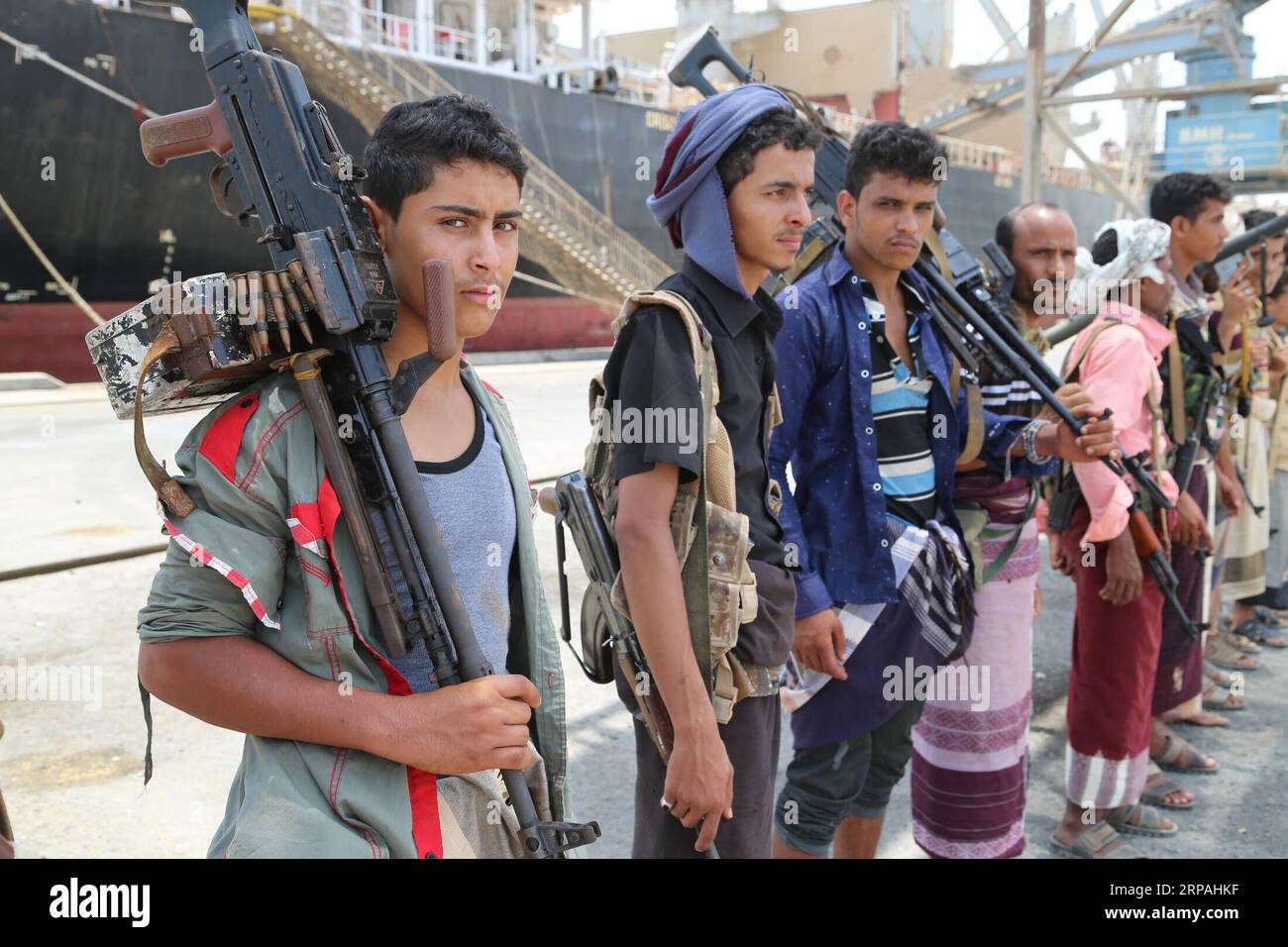 (190511) -- HODEIDAH (YEMEN), May 11, 2019 () -- Houthi members are seen during their withdrawal from Salif port in Hodeidah, Yemen, on May 11, 2019. Yemen s Houthi rebels began on Saturday withdrawal from two ports of Hodeidah Province, eyewitnesses said. () YEMEN-HODEIDAH-PORTS-HOUTHI REBELS-WITHDRAWAL Xinhua PUBLICATIONxNOTxINxCHN Stock Photo