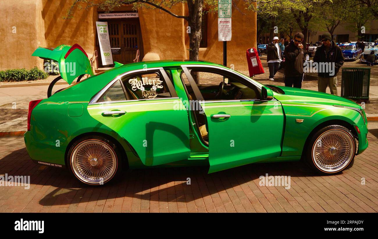 (190512) -- SANTA FE (U.S.), May 12, 2019 -- A lowrider is on display at the Lowrider Celebration and Community Day in Santa Fe, the U.S. state of New Mexico, on May 11, 2019. The event celebrated the long history of the Chicano community in New Mexico. Lowriders are vehicles that have been lowered significantly, and generally have hydraulic or air bag systems that allow vehicles to be raised or lowered at the owners command. ) U.S.-SANTA FE-LOWRIDER DAY RichardxLakin PUBLICATIONxNOTxINxCHN Stock Photo