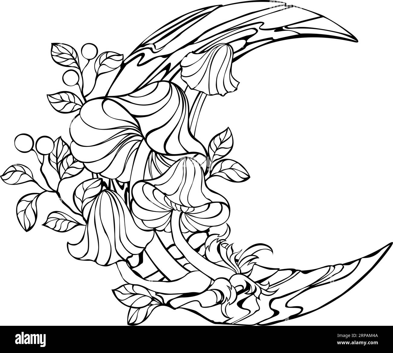 Contour wooden crescent with contour, artistically drawn mushrooms and lingonberry sprigs growing on it on white background. Coloring book. Mystical b Stock Vector