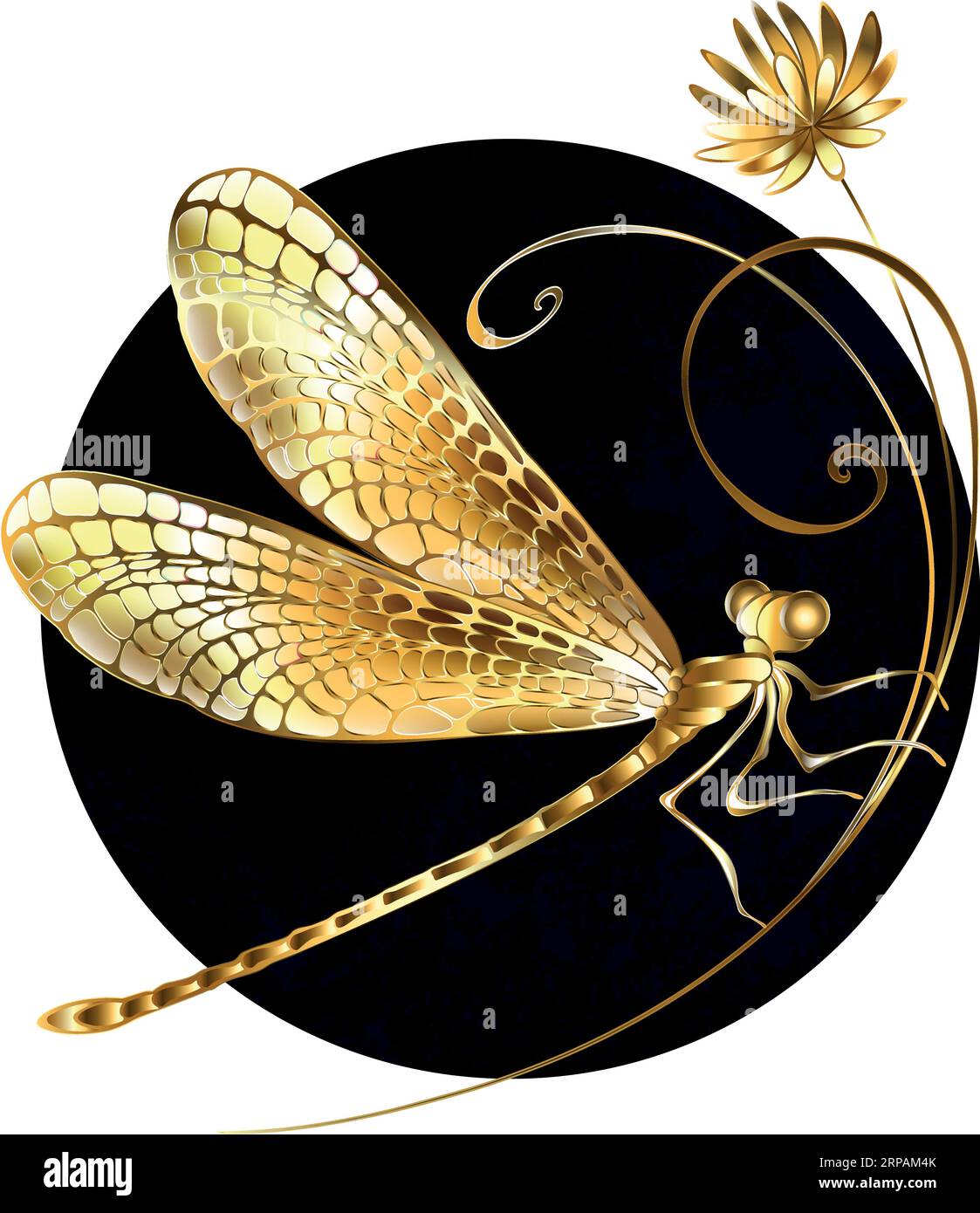 Artistically painted, gold, jewelry, sparkling dragonfly with detailed, filigree wings on golden wild flower, against black textured circle. Golden dr Stock Vector