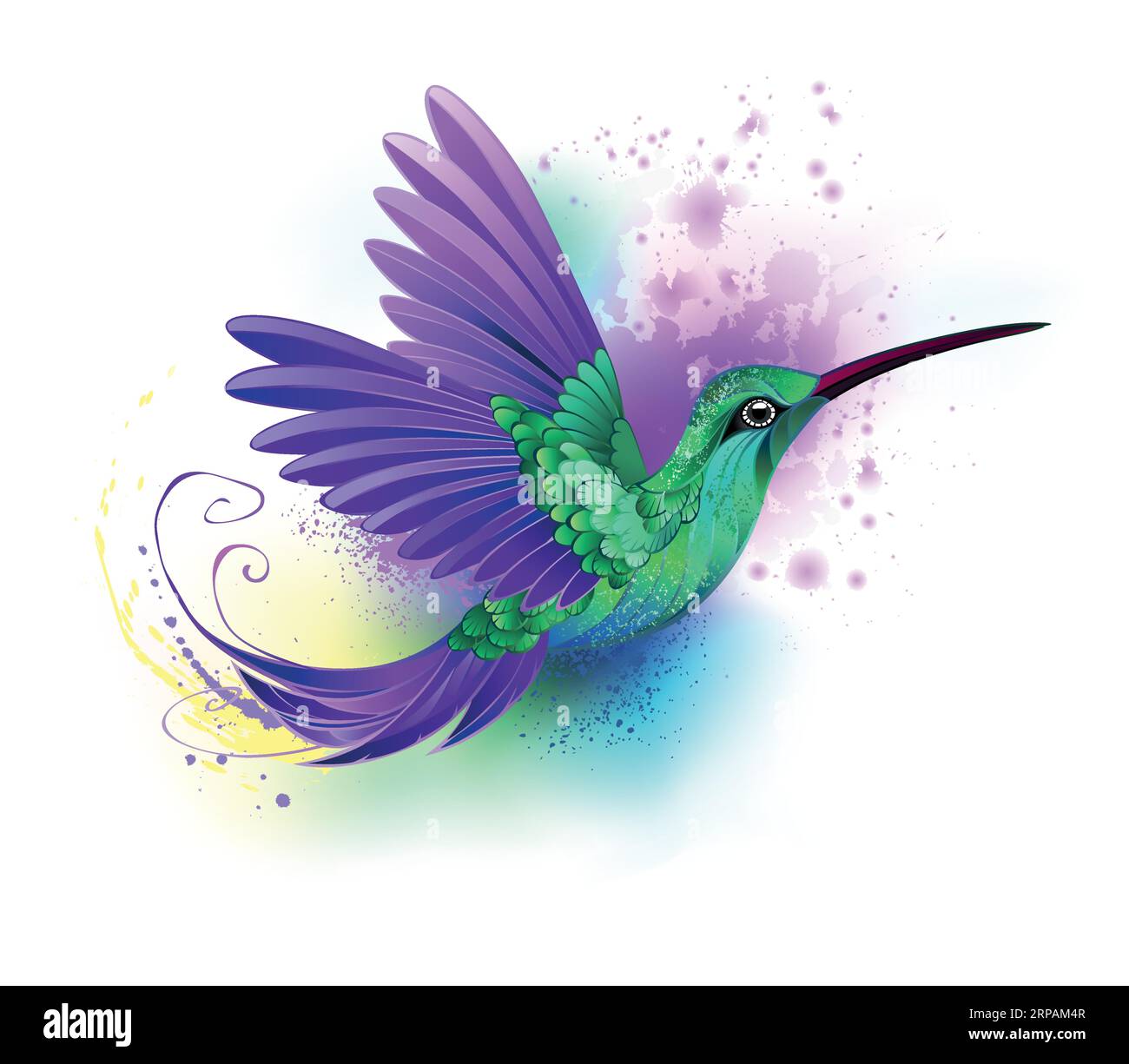 Artistically drawn, green hummingbird with purple wings and textured, iridescent plumage flies on white background with splashes of watercolor paint. Stock Vector