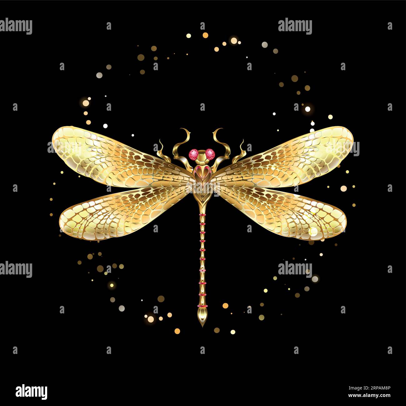 Golden, artistically drawn sparkling, symmetrical dragonfly with shiny, jeweled wings on black background. Stock Vector