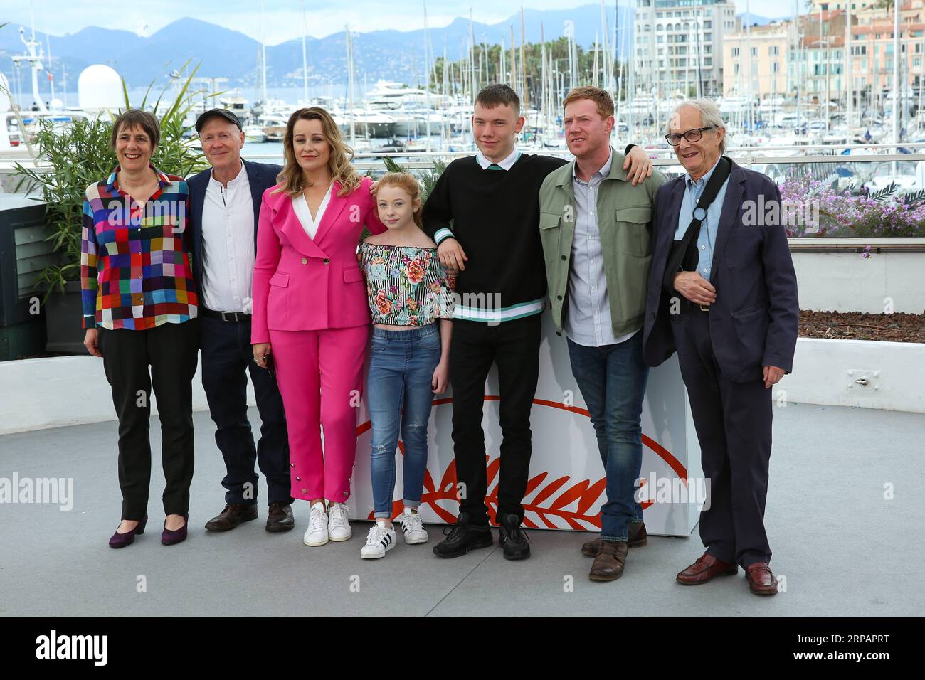 (190517) -- CANNES, May 17, 2019 (Xinhua) -- (L-R) Rebecca O Brien, Paul Laverty, Debbie Honeywood, Katie Proctor, Rhys Stone, Kris Hitchen and director Ken Loach pose during a photocall for the film Sorry We Missed You at the 72nd Cannes Film Festival in Cannes, France, May 17, 2019. British director Ken Loach s film Sorry We Missed You will compete for the Palme d Or with other 20 feature films during the 72nd Cannes Film Festival which is held from May 14 to 25. (Xinhua/Zhang Cheng) FRANCE-CANNES-72ND FILM FESTIVAL-SORRY WE MISSED YOU PUBLICATIONxNOTxINxCHN Stock Photo