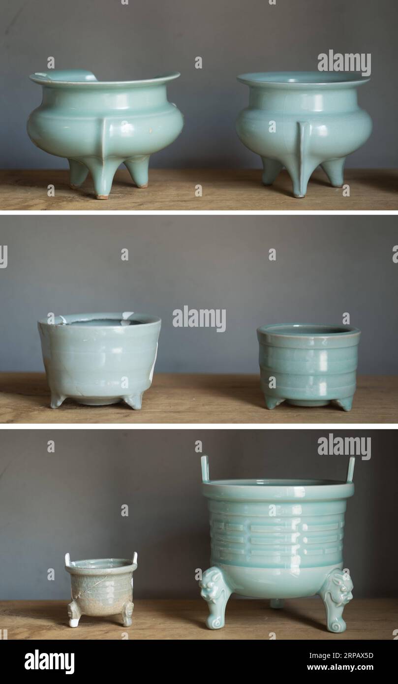 (190520) -- LONGQUAN, May 20, 2019 (Xinhua) -- This combination photo taken on May 20, 2019 shows Lin Song s collection of classical Longquan celadon incense burners (on the left) and the corresponding replicas made by him in Longquan, east China s Zhejiang Province. Born in 1993, Lin Song is a native of Longquan, home to China s best celadon wares. He received professional training in both his hometown and Jingdezhen, another important porcelain hub of China. Lin had also followed other celadon artisans for years before setting up a studio back home in 2014, focusing on the replication of cla Stock Photo