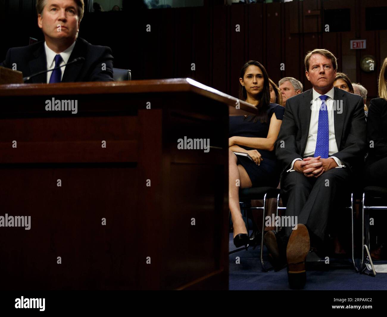 190521 -- WASHINGTON D.C., May 21, 2019 -- Then White House counsel Don McGahn R reacts in the audience during the confirmation hearing for Supreme Court Justice nominee Brett Kavanaugh before the U.S. Senate Judiciary Committee on Capitol Hill in Washington D.C., the United States, on Sept. 4, 2018. The White House on Monday instructed former counsel Don McGahn to defy a congressional subpoena and skip a hearing scheduled for Tuesday relating to the Russia probe.  U.S.-WASHINGTON D.C.-DON MCGAHN-SUBPOENA TingxShen PUBLICATIONxNOTxINxCHN Stock Photo