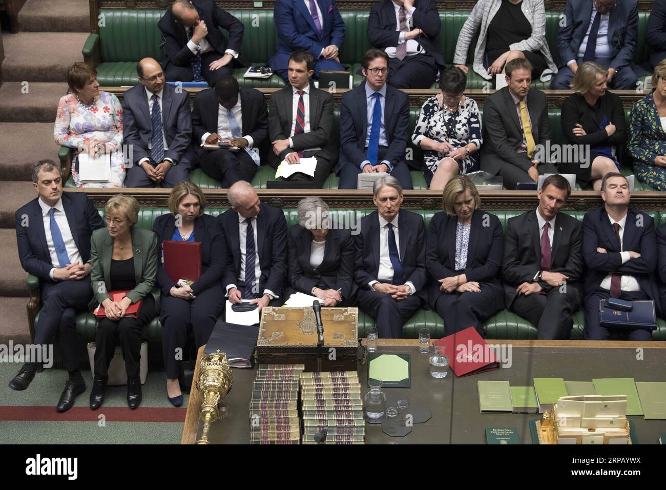 (190522) -- LONDON, May 22, 2019 -- British Prime Minister Theresa May (C, front) and the leader of the House of Commons Andrea Leadsom (2nd L, front) attend the Prime Minister s Questions at the House of Commons in London, Britain, on May 22, 2019. The British leader of the House of Commons Andrea Leadsom on Wednesday resigned amid growing discontent with the prime minster s leadership, one day after the new Brexit agreement backfired. ) HOC MANDATORY CREDIT: BRITAIN-LONDON-HOUSE OF COMMONS-LEADER-RESIGNATION UKxParliament/MarkxDuffy PUBLICATIONxNOTxINxCHN Stock Photo