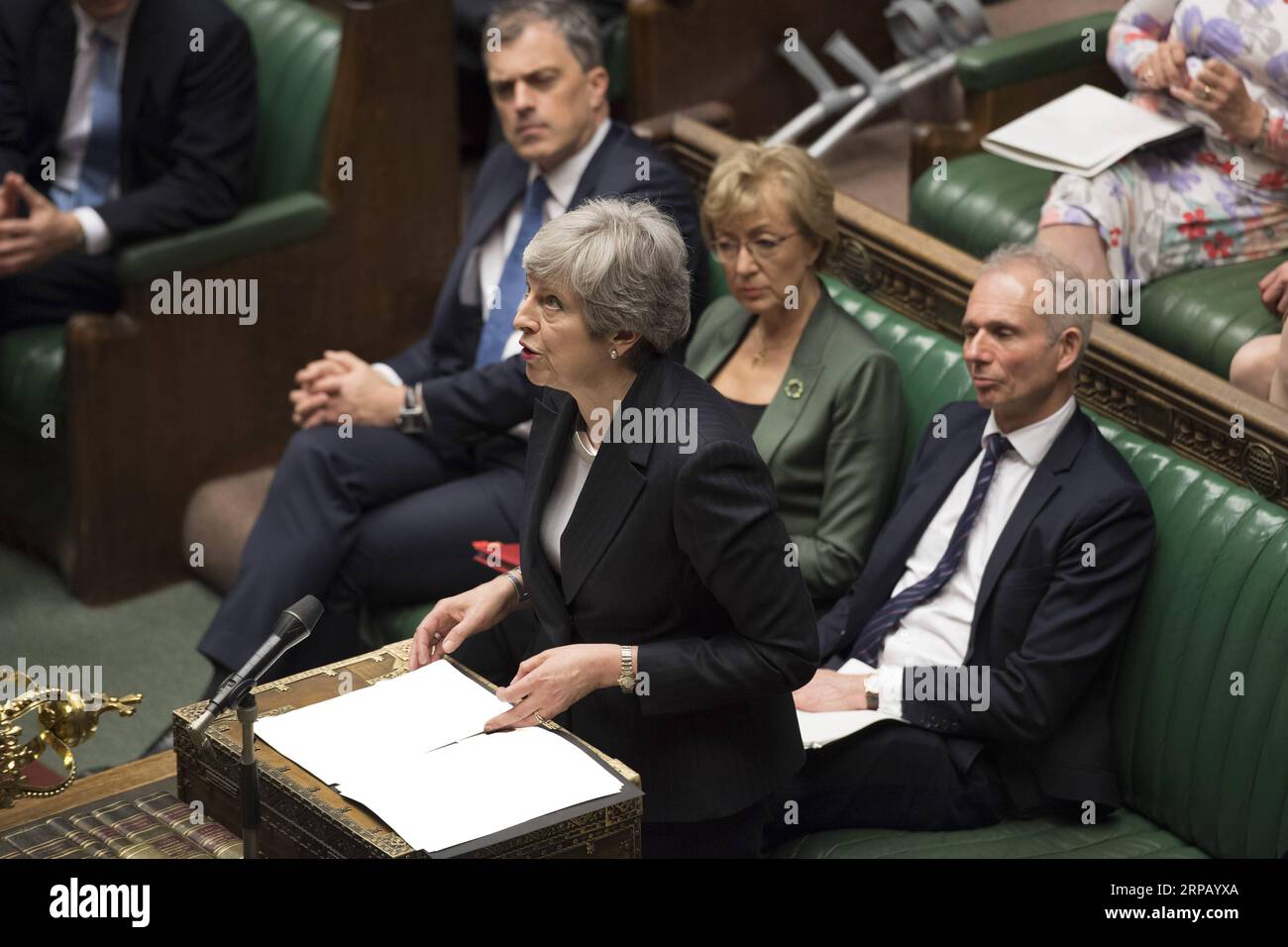 (190522) -- LONDON, May 22, 2019 -- British Prime Minister Theresa May (front) and the leader of the House of Commons Andrea Leadsom (2nd R, rear) attend the Prime Minister s Questions at the House of Commons in London, Britain, on May 22, 2019. The British leader of the House of Commons Andrea Leadsom on Wednesday resigned amid growing discontent with the prime minster s leadership, one day after the new Brexit agreement backfired. ) HOC MANDATORY CREDIT: BRITAIN-LONDON-HOUSE OF COMMONS-LEADER-RESIGNATION UKxParliament/JessicaxTaylor PUBLICATIONxNOTxINxCHN Stock Photo