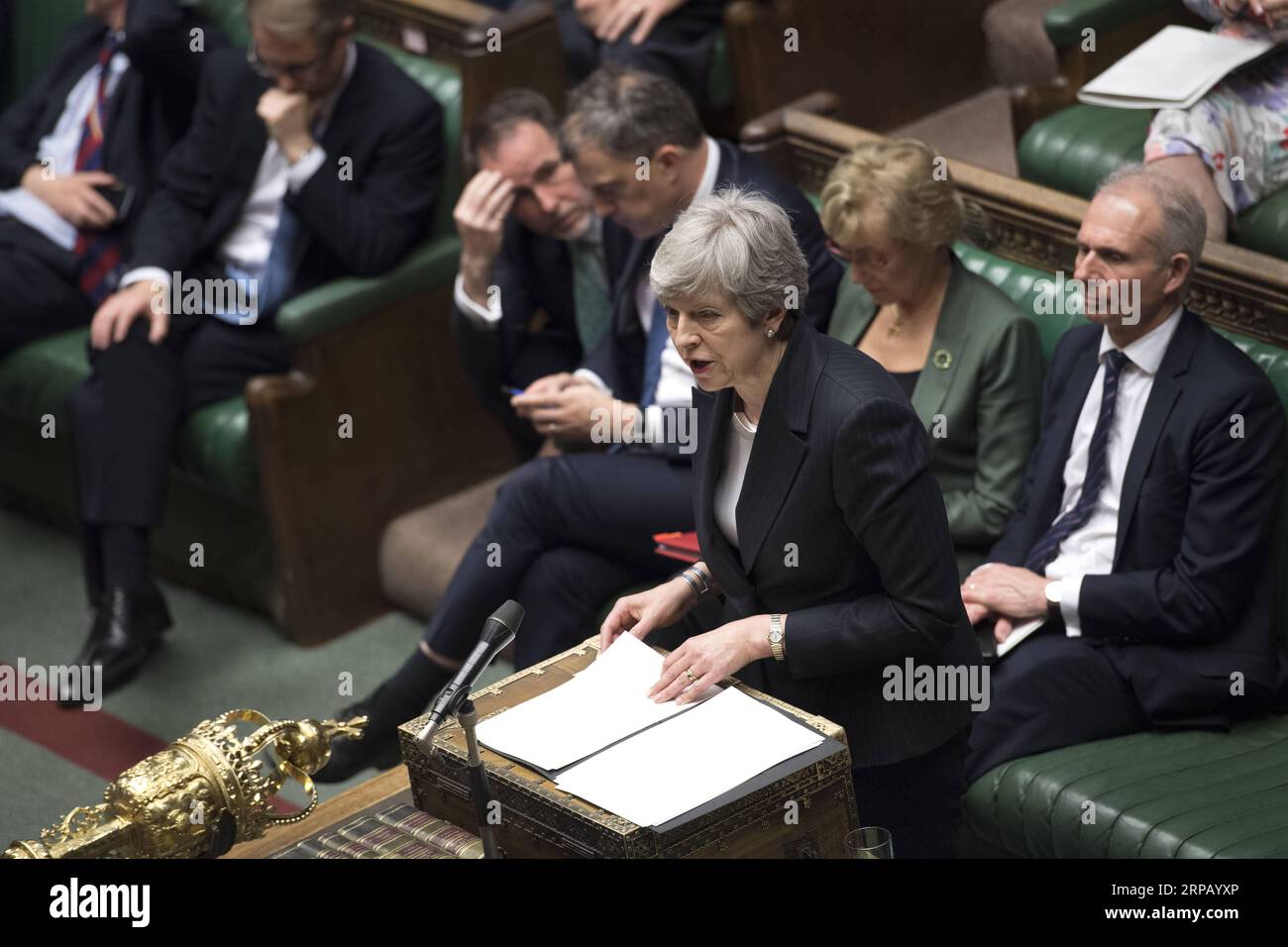 (190522) -- LONDON, May 22, 2019 -- British Prime Minister Theresa May (front) and the leader of the House of Commons Andrea Leadsom (2nd R, rear) attend the Prime Minister s Questions at the House of Commons in London, Britain, on May 22, 2019. The British leader of the House of Commons Andrea Leadsom on Wednesday resigned amid growing discontent with the prime minster s leadership, one day after the new Brexit agreement backfired. ) HOC MANDATORY CREDIT: BRITAIN-LONDON-HOUSE OF COMMONS-LEADER-RESIGNATION UKxParliament/JessicaxTaylor PUBLICATIONxNOTxINxCHN Stock Photo