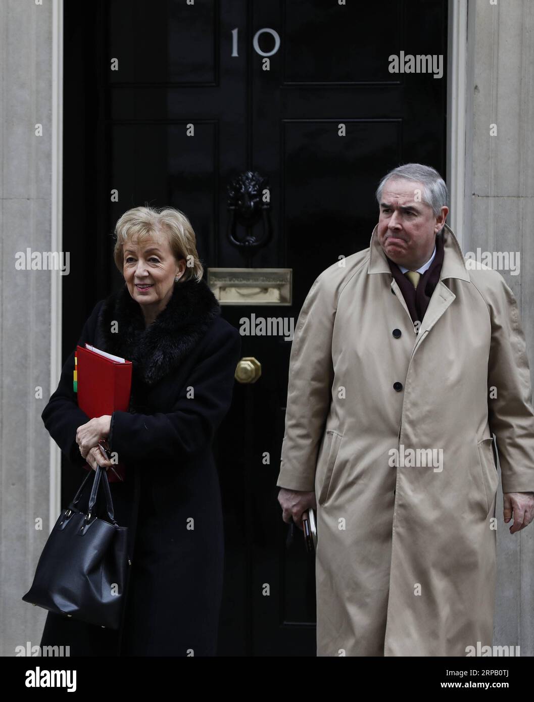 (190524) -- BEIJING, May 24, 2019 (Xinhua) -- File photo taken on Feb. 12, 2019 shows the British leader of the House of Commons Andrea Leadsom (L) leaving 10 Downing Street after a cabinet meeting in London, Britain. The British leader of the House of Commons Andrea Leadsom on May 22 resigned amid growing discontent with the prime minster s leadership, one day after the new Brexit agreement backfired. (Xinhua/Han Yan) XINHUA PHOTOS OF THE DAY PUBLICATIONxNOTxINxCHN Stock Photo