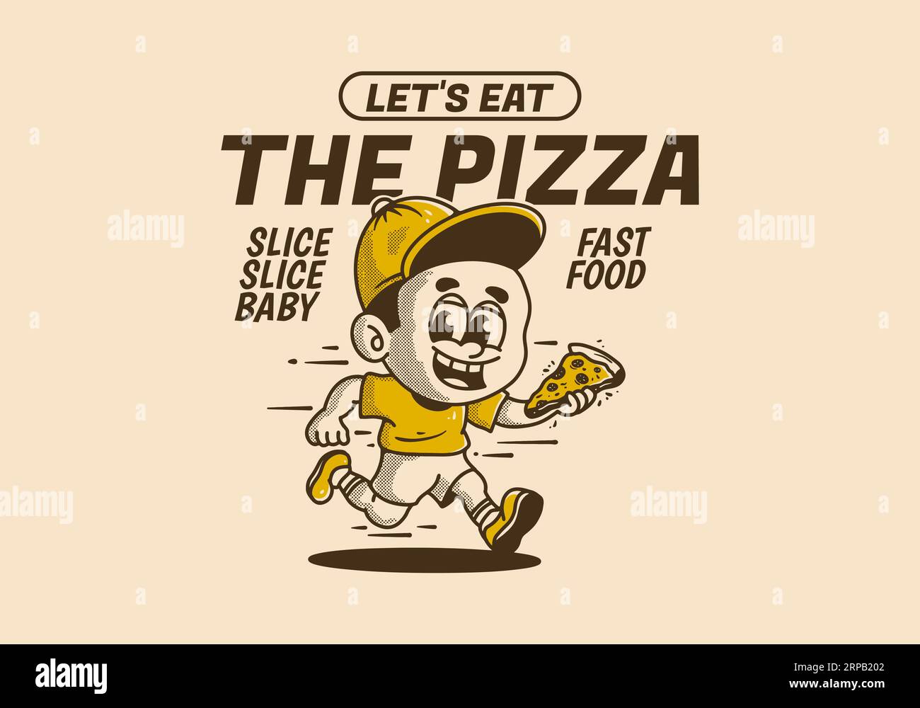 Let's eat the pizza, a little boy running and holding a slice of pizza