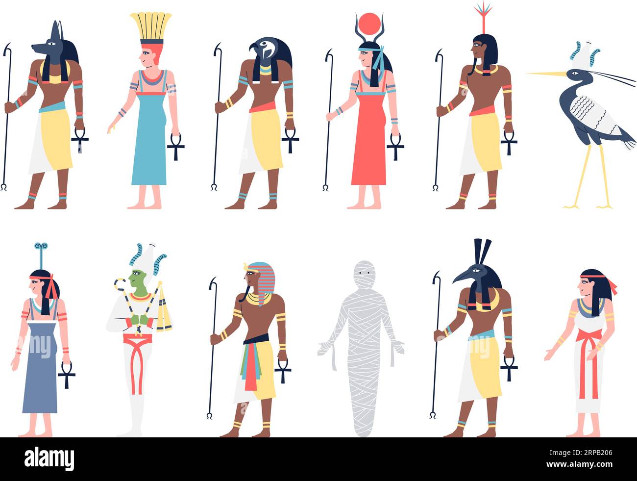 Egypt characters. Egyptian goddess and god, ancients kings. Historic flat character, gods ra and osiris. Pharaoh, museum figures recent vector set Stock Vector