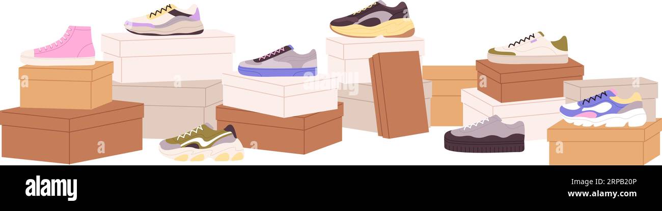 Shoes and boxes. Sneakers packing, craft stylish box and casual boots. Retail presentation, footwear collection advertising racy vector scene Stock Vector