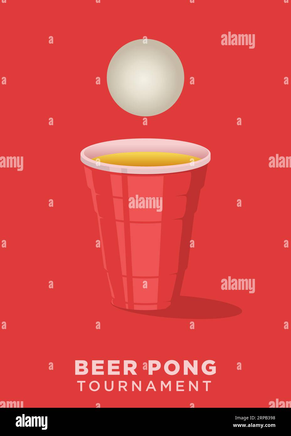 beer pong modern minimalist style poster. ping pong ball above red cup with red background