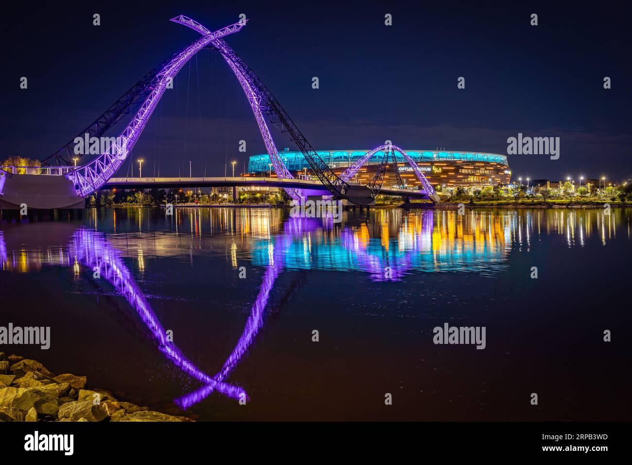 Perth, WA, Australia - Matagarup Bridge and Optus stadium illuminated at night Stock Photo