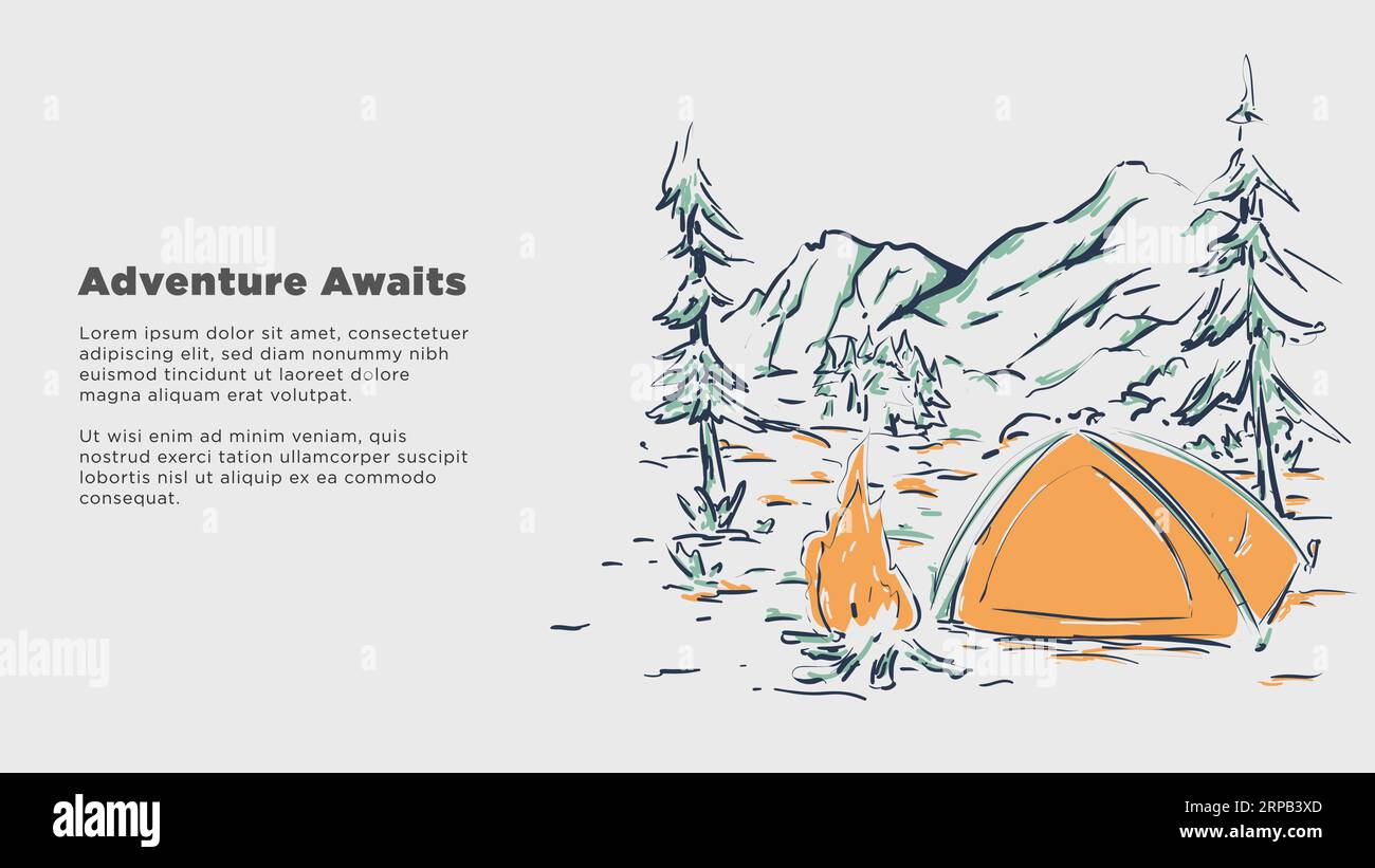 adventure awaits concept. camping tent with bonfire mountins background. rough hand drawn style vector illustration Stock Vector