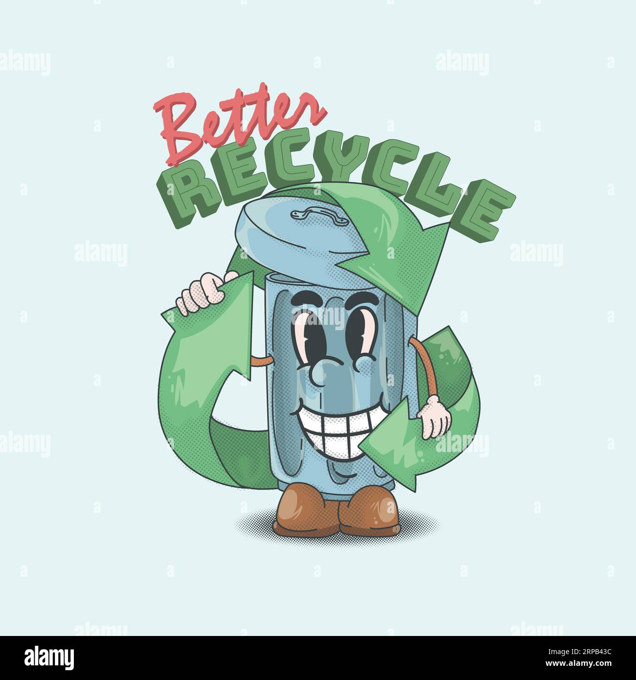 better recycle go green concept. trash can happy face mascot retro style vector illustration Stock Vector