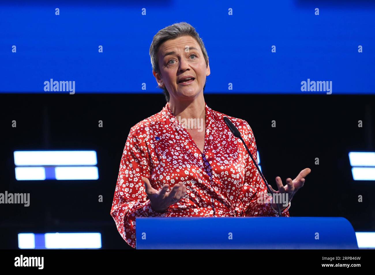 (190527) -- BRUSSELS, May 27, 2019 -- Margrethe Vestager, European commissioner for competition and the Alliance of Liberals and Democrats for Europe group (ALDE) lead Candidate to the Presidency of the European Commission, speaks at the European Parliament in Brussels, Belgium, May 27, 2019. Voters in Germany, Lithuania, Cyprus, Bulgaria, Greece and Italy cast their ballots on Sunday in elections to the European Parliament (EP). Citizens of the 28 European Union (EU) member countries, among whom over 400 million voters are eligible, are expected to vote over the course of four days, starting Stock Photo