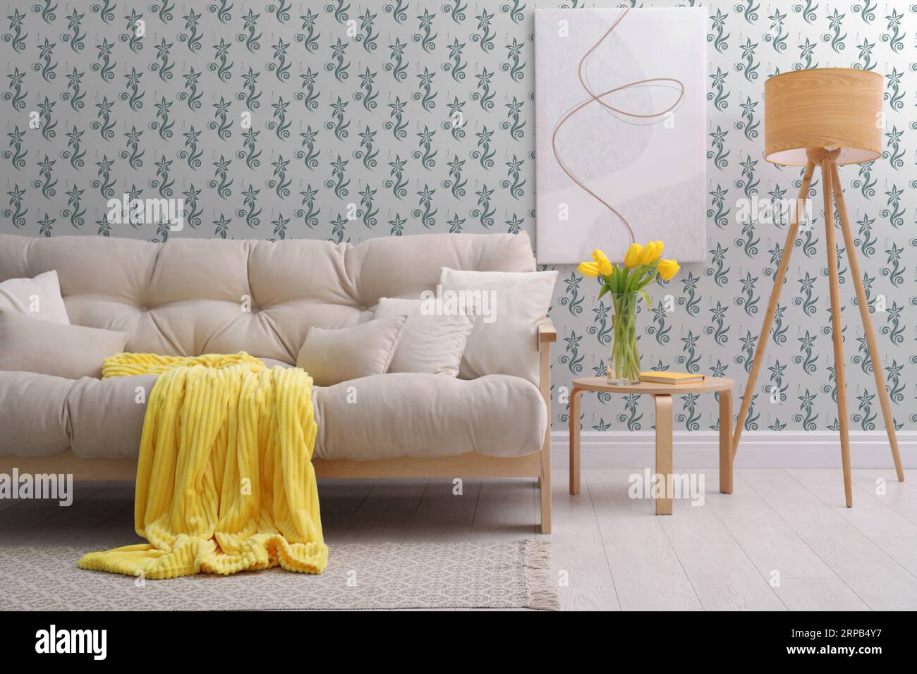 Cozy living room interior with comfortable sofa and decorations Stock ...