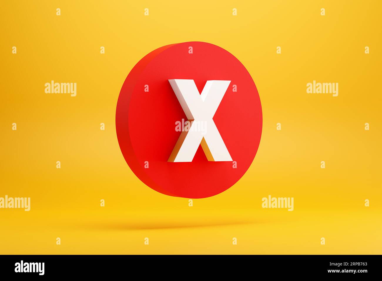 Red x sign or cross mark on a red button on yellow background. Cancel