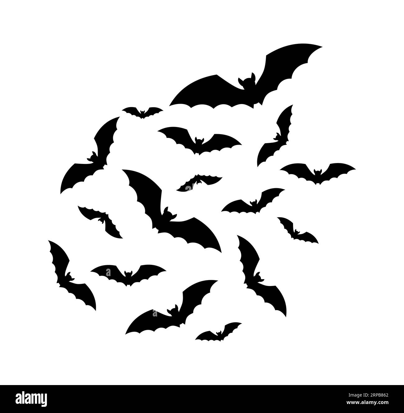 Flying bats. Halloween creepy swarm. Horror, spooky silhouettes Stock