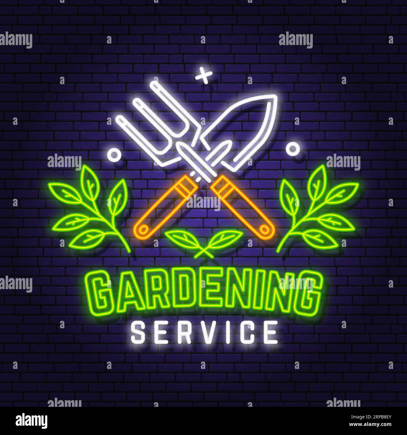 Gardening and yard work services neon emblem, label, badge, logo. Vector. For sign, patch, shirt design with hand garden trowel, farming fork Stock Vector