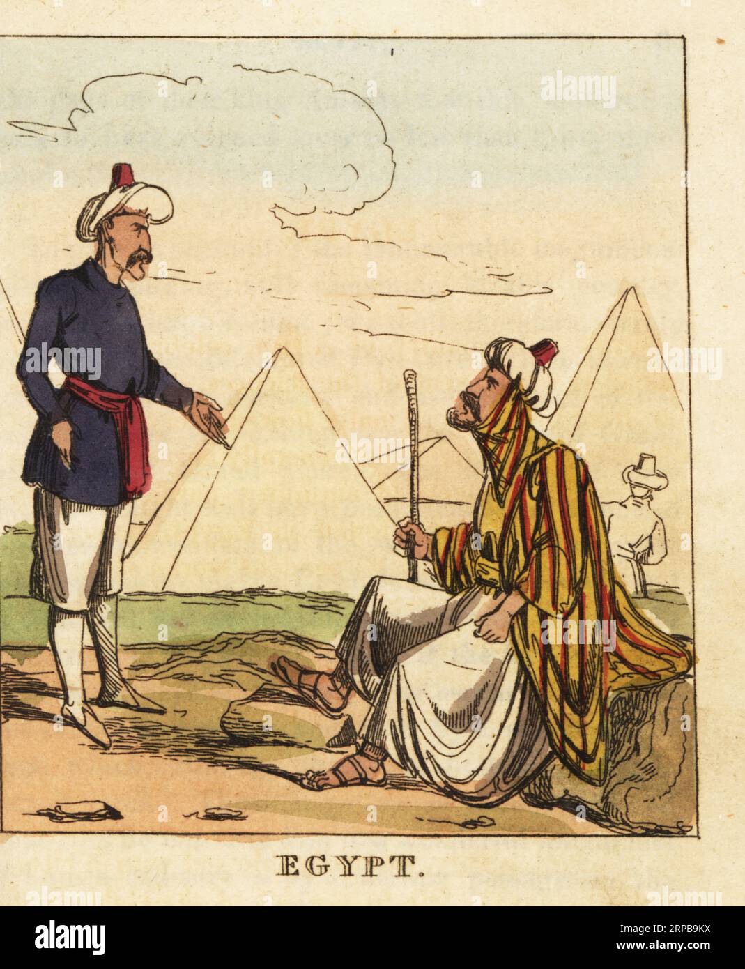 Costumes of the Eyalet of Egypt, 19th century. Two Egyptian men in front of the pyramids. Ottoman Turk in turban, striped robe, wide pantaloons and sandals. Mamluk or soldier in turban and uniform. Handcoloured copperplate engraving from The World in Miniature, or Panorama of the Costumes, Manners & Customs of All Nations, John Bysh, London, 1825. Stock Photo