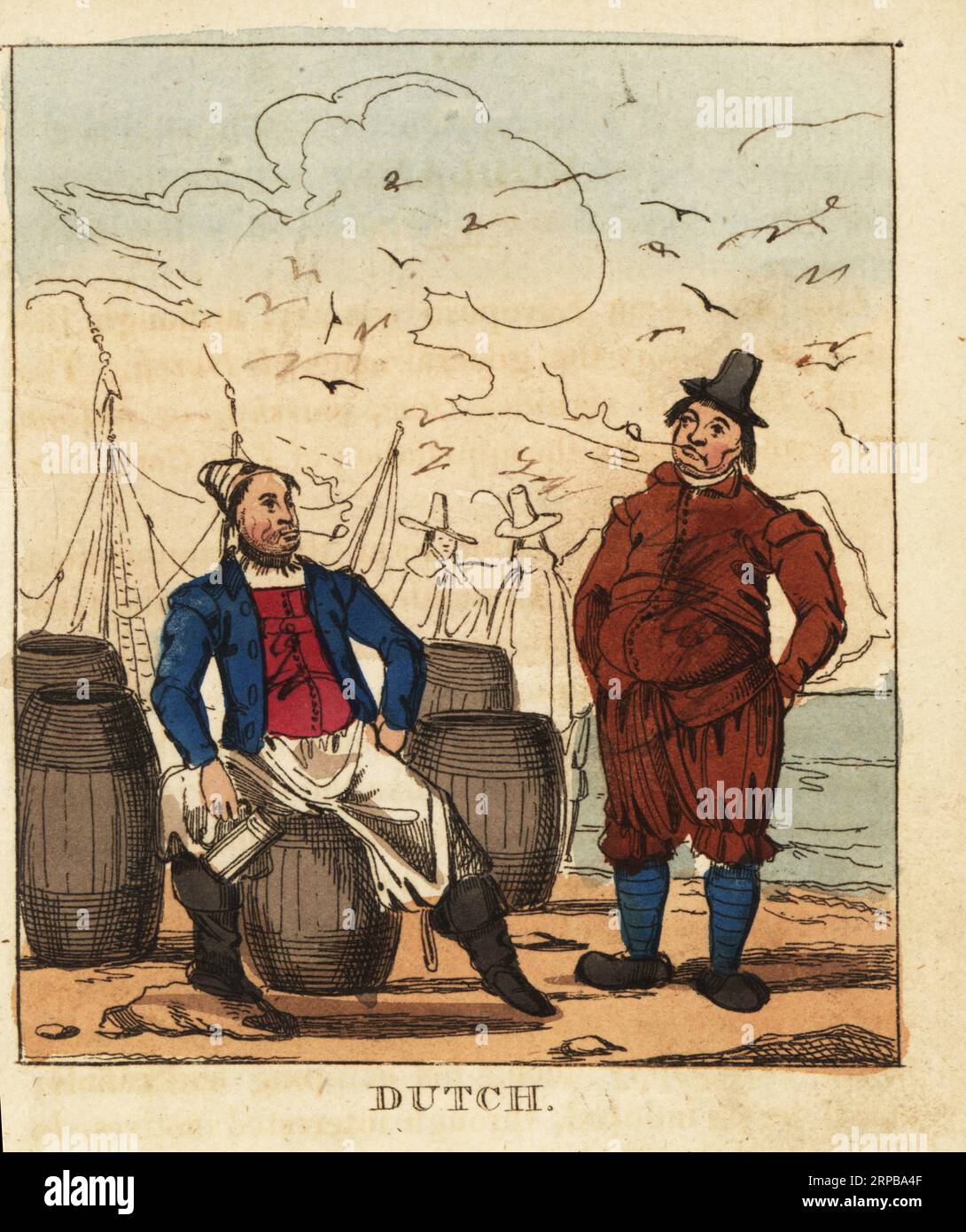 Costumes of Dutch men, 19th century. A sailor in cap, jacket, pantaloons and boots with tankard and pipe seated on a barrel in port. A merchant in top hat, jacket and breeches, wooden clogs. Handcoloured copperplate engraving from The World in Miniature, or Panorama of the Costumes, Manners & Customs of All Nations, John Bysh, London, 1825. Stock Photo