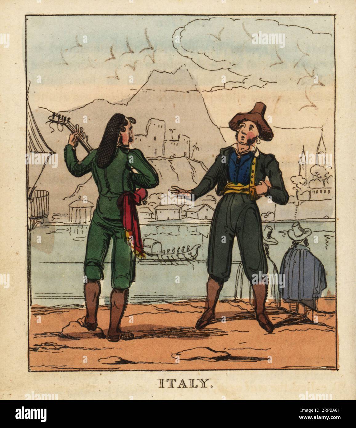 Costumes of Italian men, 19th century. A musician in green jacket and breeches, brown gaiters plays the chitarra or guitar. A singer in tall hat performs beside him. Handcoloured copperplate engraving from The World in Miniature, or Panorama of the Costumes, Manners & Customs of All Nations, John Bysh, London, 1825. Stock Photo