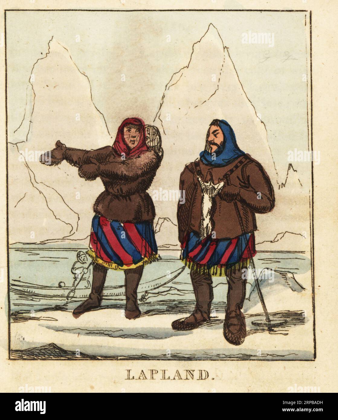 Costumes of the Sami people of Lapland, 19th century. A family standing ...