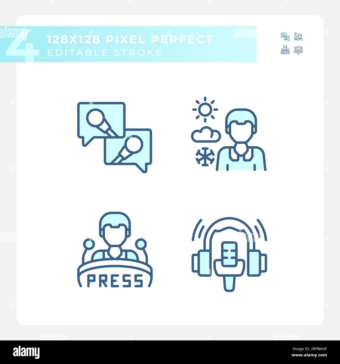 Pixel perfect blue journalism line icons set Stock Vector