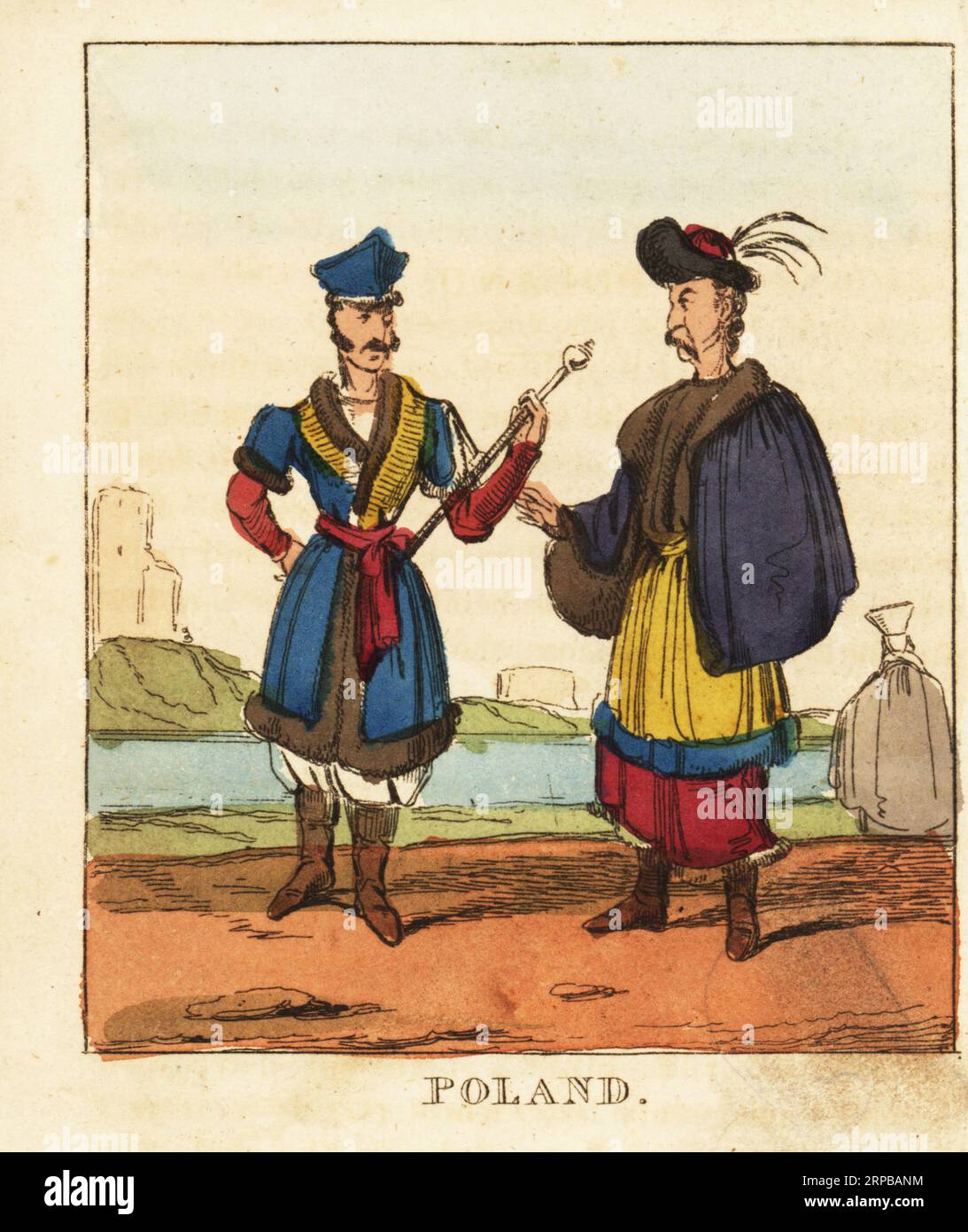 Costumes of Poland, 19th century. Man in shako hat, fur lined coat, sash belt, pantaloons and boots. Another man in plumed hat, fur cape and robes. Handcoloured copperplate engraving from The World in Miniature, or Panorama of the Costumes, Manners & Customs of All Nations, John Bysh, London, 1825. Stock Photo