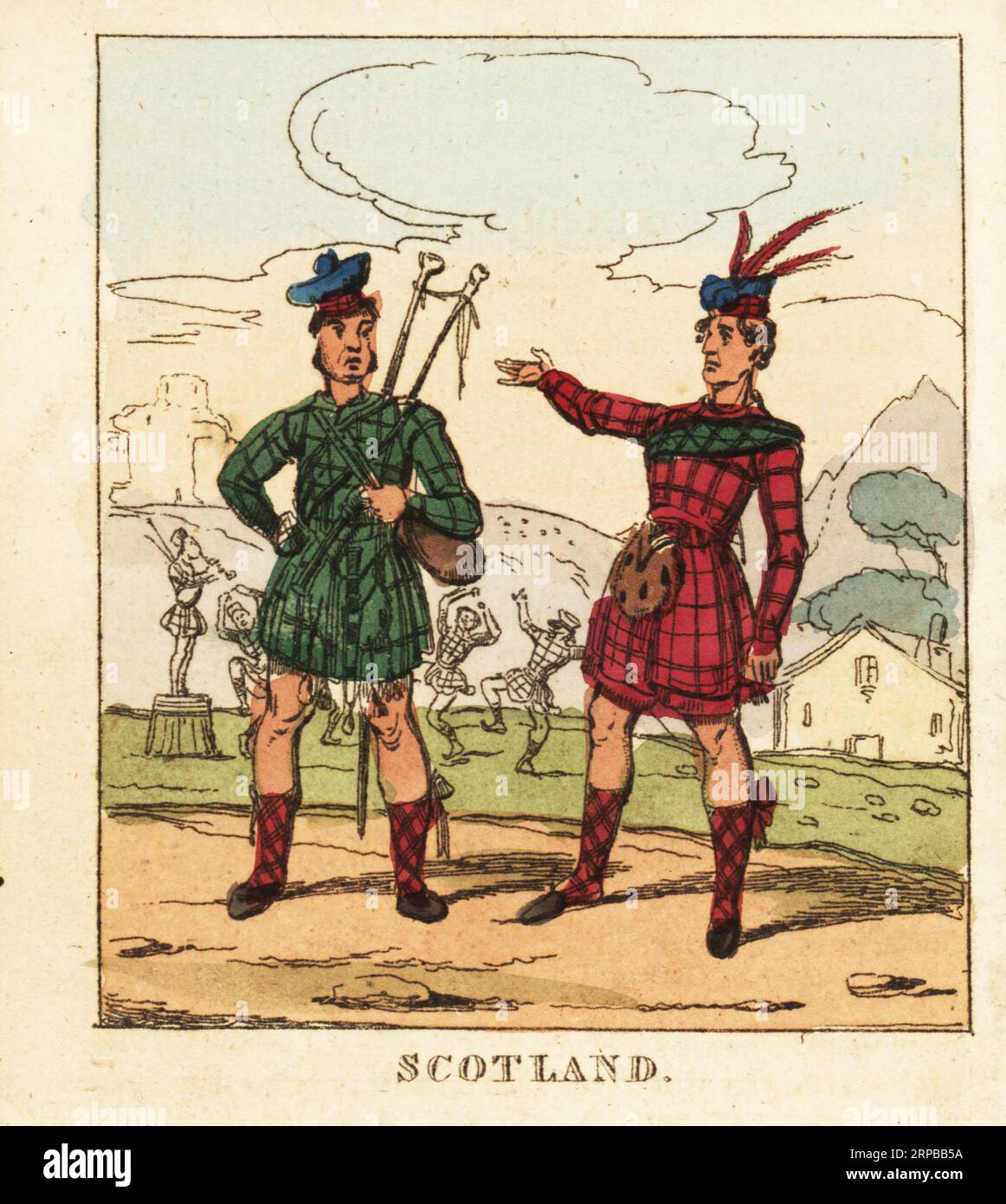 Costumes of Scottish highlanders, 19th century. A piper in tartan jacket and kilt with bagpipes. Another man in plumed hat, tartan kilt and sporran. Men dancing a highland fling in the background. Scotland. Handcoloured copperplate engraving from The World in Miniature, or Panorama of the Costumes, Manners & Customs of All Nations, John Bysh, London, 1825. Stock Photo