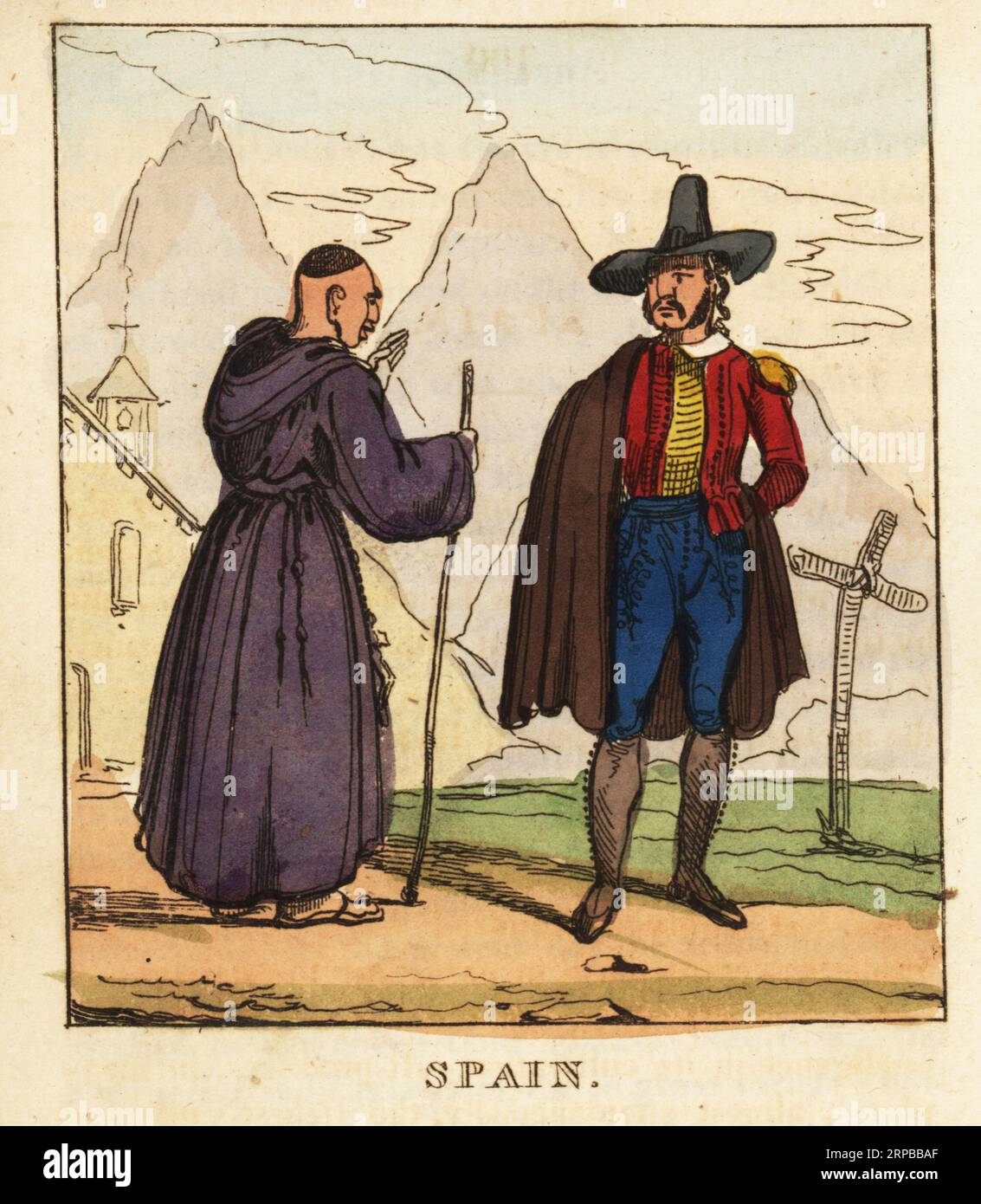 Costumes of Spain, 19th century. Spanish monk in habit and sandals with staff on a pilgrimage. Gentleman in wide-brim hat, cape, jacket with epaulettes, breeches and gaiters. Spain.  Handcoloured copperplate engraving from The World in Miniature, or Panorama of the Costumes, Manners & Customs of All Nations, John Bysh, London, 1825. Stock Photo