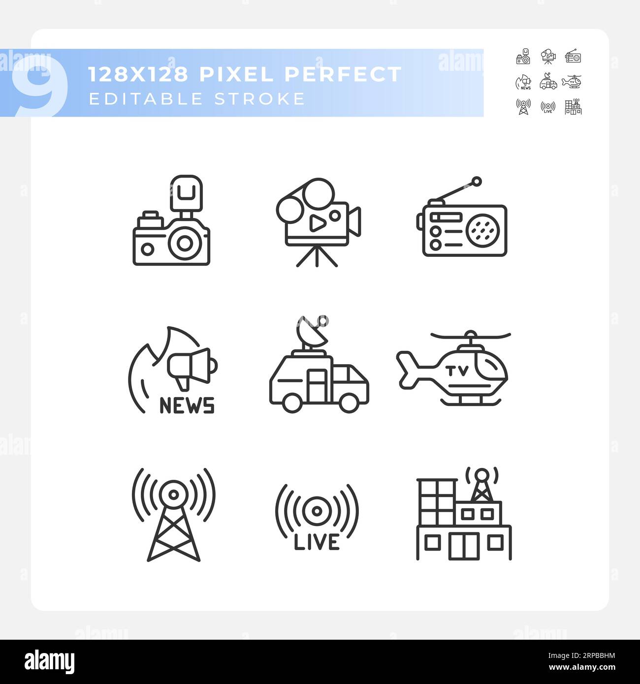 Editable pixel perfect black journalism icons Stock Vector