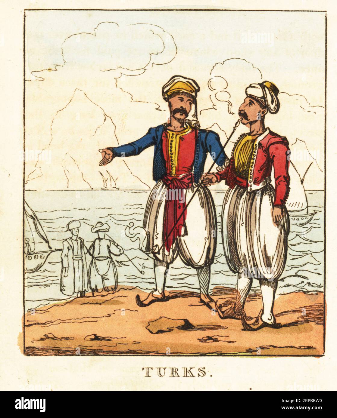 Costumes of Ottoman Turkey, 19th century. Two men in turban, jacket, waistcoat, sash, harem pants, stockings and slippers. One smokes a long tobacco pipe. Handcoloured copperplate engraving from The World in Miniature, or Panorama of the Costumes, Manners & Customs of All Nations, John Bysh, London, 1825. Stock Photo