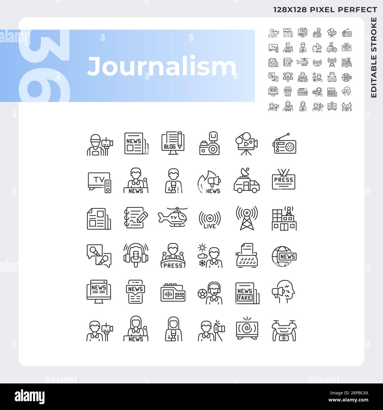 Editable pixel perfect black journalism icons set Stock Vector