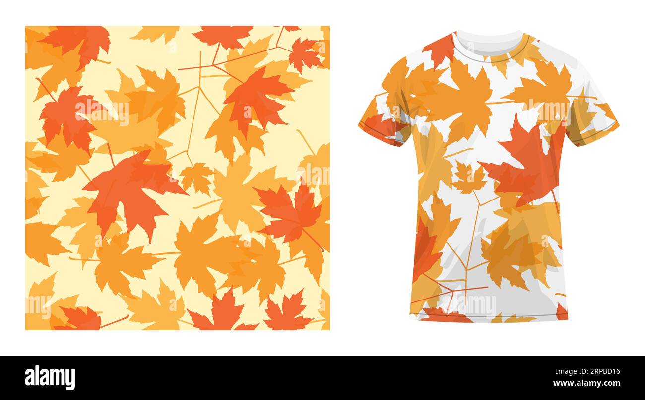 Short sleeved cotton sports t shirt decorated autumn maple dried herbarium leaves seamless patterns. Comfortable summer clothes. Vector ornament for d Stock Vector
