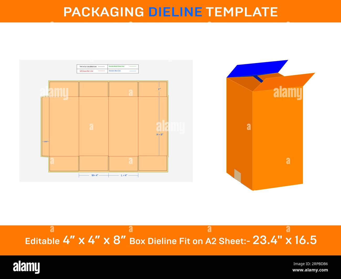 Vector RSC Shipping Carton, Die line Template, 4x4x8 inch Stock Vector