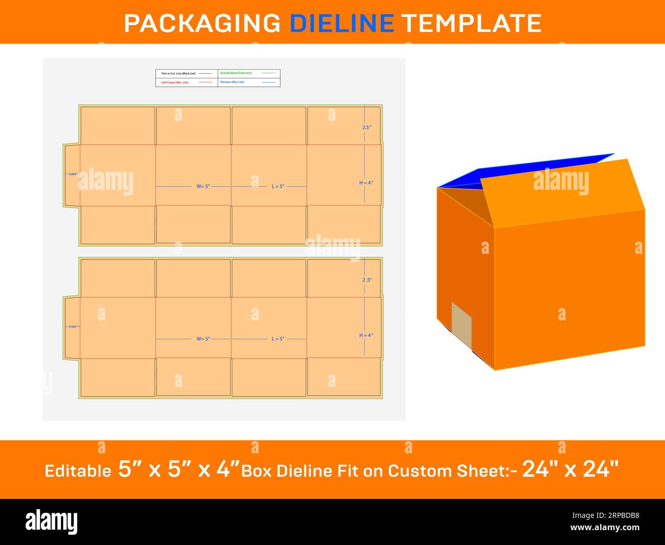 RSC Shipping Carton Box, Die line Template, 5x5x4 Stock Vector Image